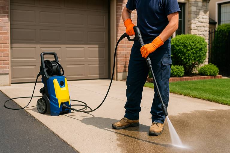 Freshly mowed lawn with trimmed hedges and tidy footpath in front of a house