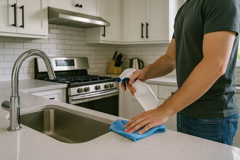 Person wiping a modern kitchen sink and benchtop
