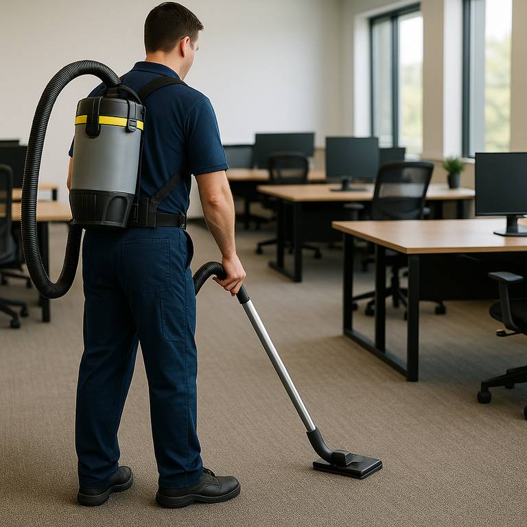 Janitor using a backpack vacuum on an office carpet